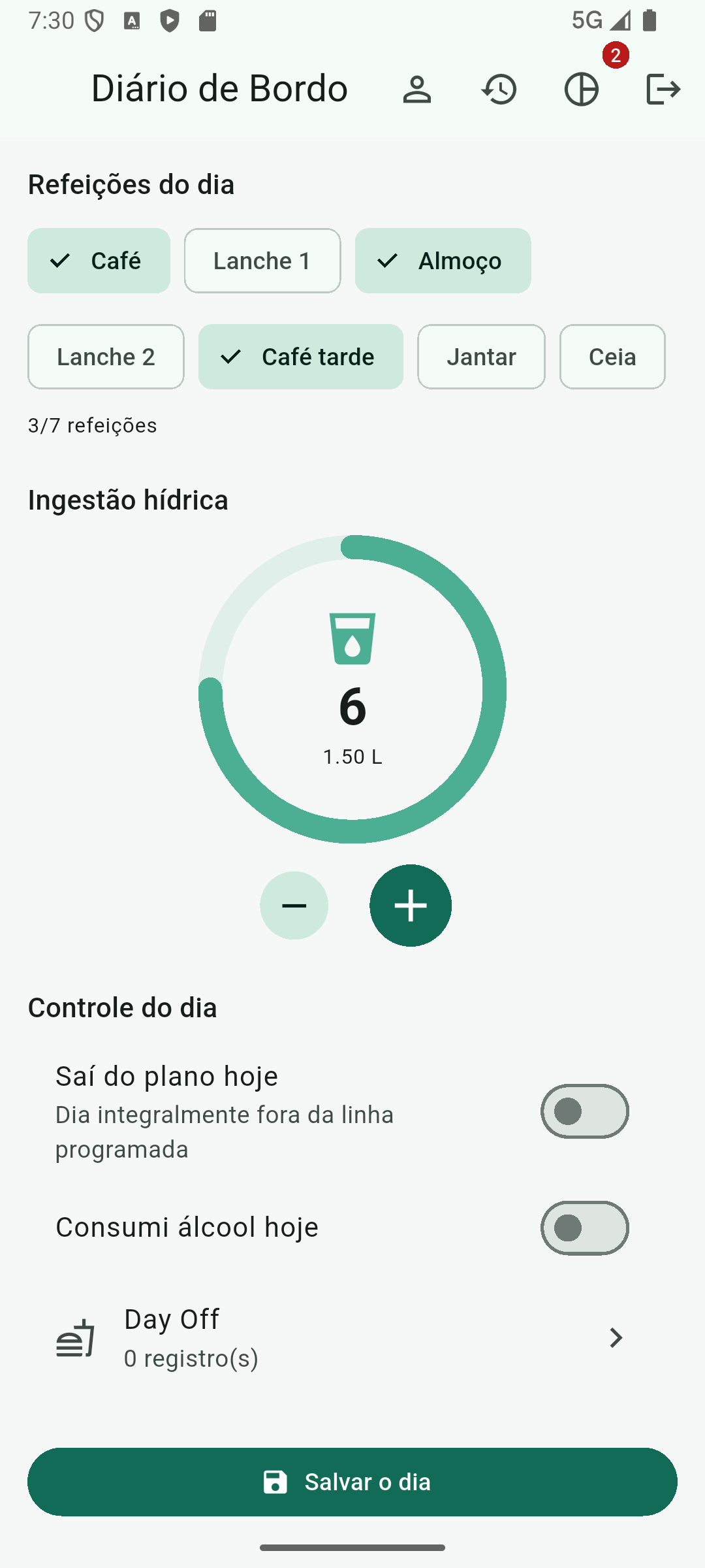 Acompanhamento diário no app
